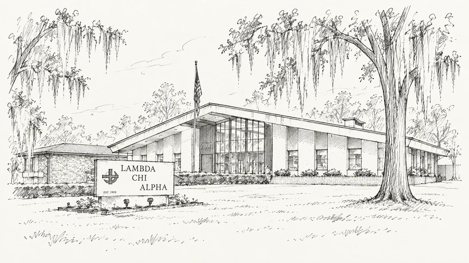 Line drawing of the Lambda Chi Alpha chapter house beneath oak trees